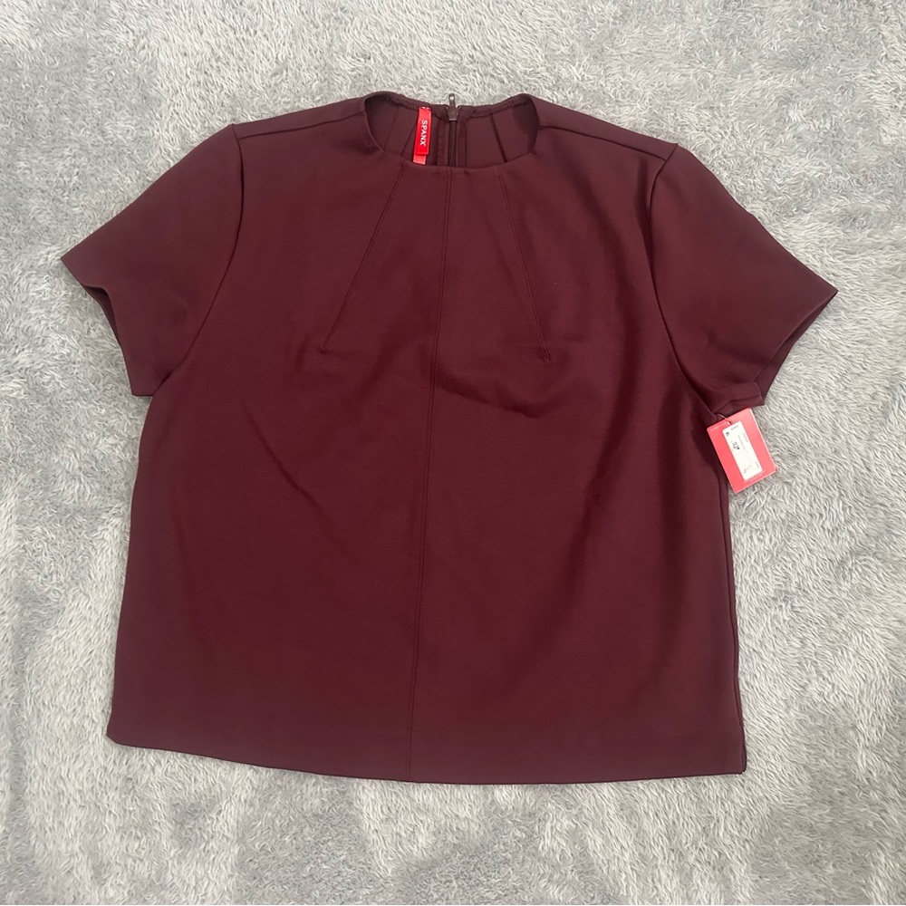 Spanx NWT Women The Perfect Funnel Top Short Sleeve Crew Neck Stretch Chianti M